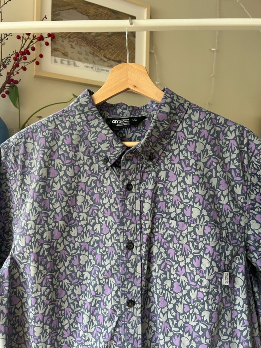 Outdoor Research Purple and Light Gray Floral Button-Down Short Sleeve Shirt